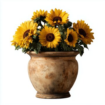 Bunch of blooming sunflowers with green leaves growing in a vintage clay terracotta pot isolated on white background