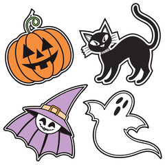 Illustration of a pumpkin, black cat, witch hat with skull, and ghost for halloween decoration