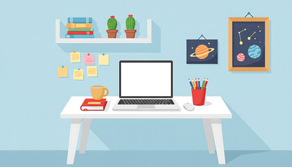 Modern workspace illustration features a laptop, desk, and decorative elements for a creative and productive environment.