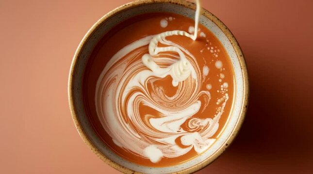 A slow pour of oat milk into a ceramic cup of coffee, swirls forming creamy patterns
