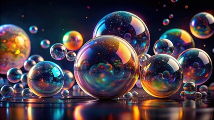 A mesmerizing collection of iridescent spheres, each encapsulating a vibrant cosmos of swirling colors and radiant energy, reflecting an ethereal glow.