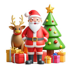 Modern Flat Vector of Santa Claus with Gift and Reindeer beside Christmas Tree for Festive Website Banner