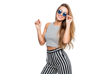 young beautiful smiling blond hipster female in trendy summer clothes isolated on white