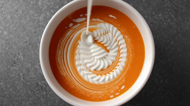 A slow pour of oat milk into a ceramic cup of coffee, swirls forming creamy patterns