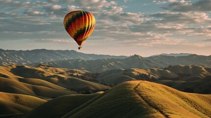 A hot air balloon rises in slow motion above rolling green hills during golden hour - Powered by Adobe