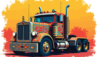Festive Semi-Truck Design Tropical Sunset and Ornate Vector Illustration