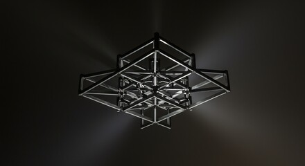 Intricate metallic geometric structure with multiple layers suspended and illuminated against a dark background