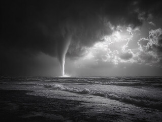 dramatic and intense storm over a body of water, with dark, turbulent waves crashing onto the shore and a massive, swirling cloud formation dominating the sky. 