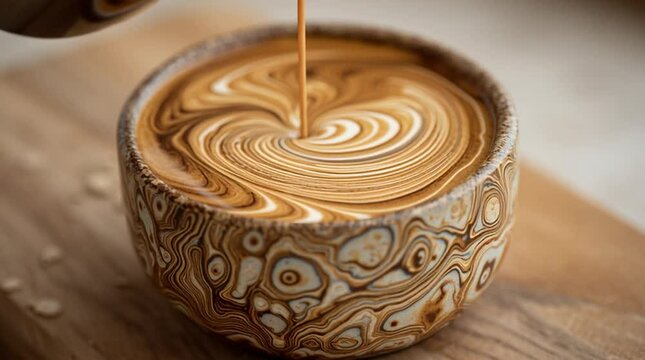 A slow pour of oat milk into a ceramic cup of coffee, swirls forming creamy patterns