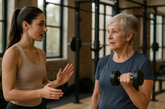 Fitness trainer provides guidance to a senior woman lifting a dumbbell in a gym setting, focusing on proper posture and technique