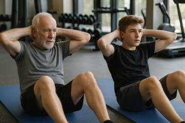 Naklejka premium Elderly man and young boy performing sit ups together on gym mats, highlighting family bonding and healthy lifestyle across generations