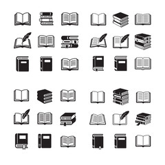 Collection of Black and White Book Icons: Open, Closed, Stacked, with Quill Pen; Simple, Classic Design.