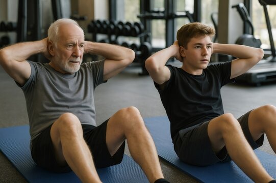 Elderly man and young boy performing sit ups together on gym mats, highlighting family bonding and healthy lifestyle across generations