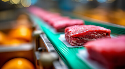 Fabrik produziert k&uuml;nstliches Fleisch auf einem F&ouml;rderband in moderner Anlage