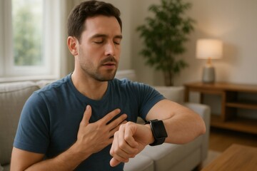Young man practicing a guided breathing exercise at home, using a smartwatch to measure his breath and heart rate