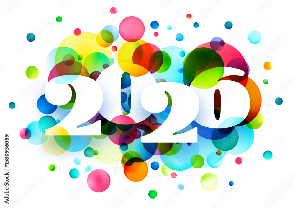 Poster bright 2026 numbers overlaid on vibrant overlapping bokeh circles. vector illustration.