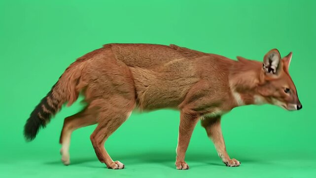 Dhole, Asian Wild Dog, Walking on Green Screen Studio Background for Easy Isolation and Compositing