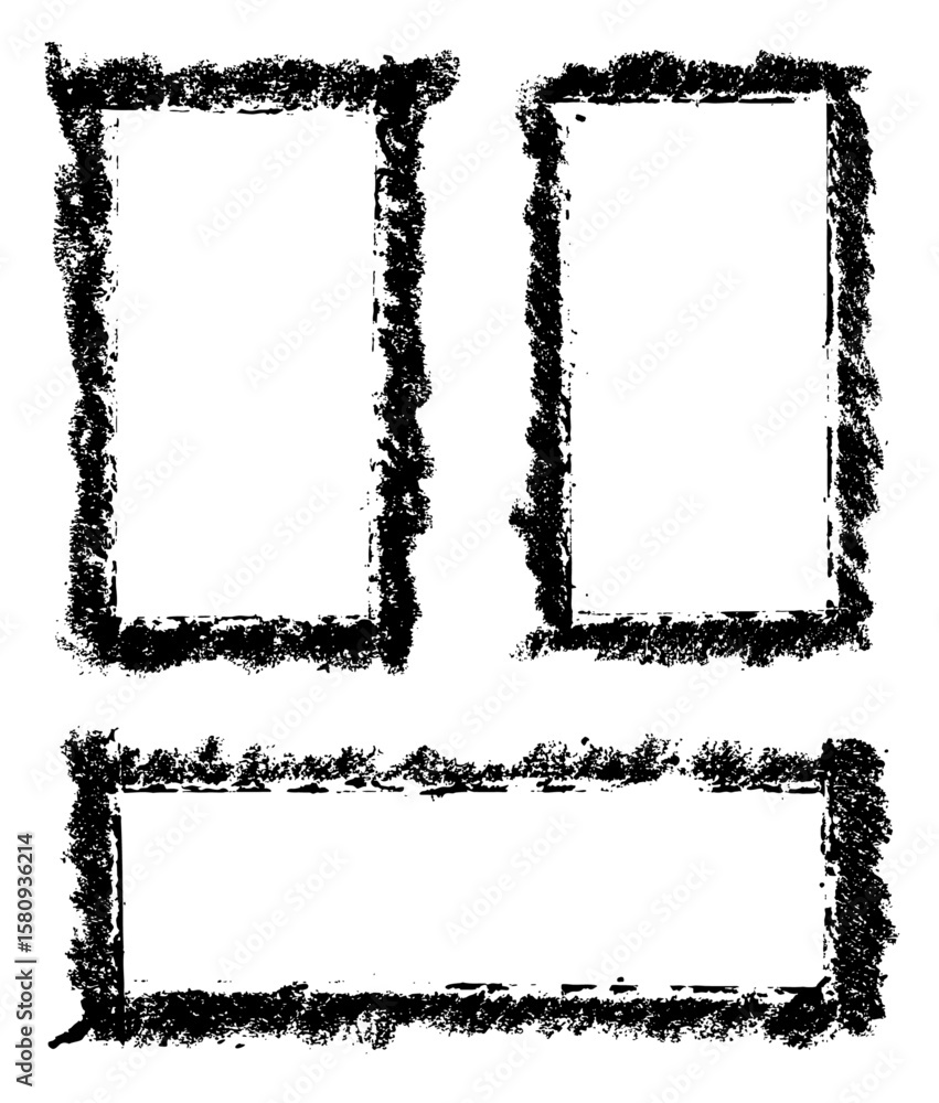 Poster set of three distressed rectangular frames with rough ink texture and bold edges. vector illustratio