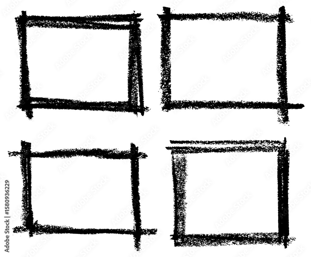 Poster collection of four rough grunge square frames with brush texture and ink-like edges. vector illustra