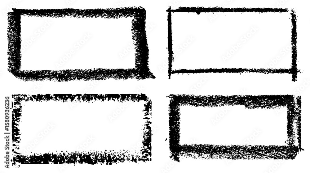 Poster collection of four rectangular grunge frames with bold textured edges and dry brush strokes. vector 