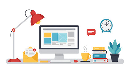 Modern workspace with computer, books, lamp, and office supplies illustrates efficient workflow and digital productivity.