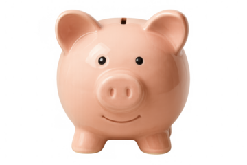 Pink ceramic piggy bank with a cheerful expression, isolated on a transparent background, symbolizing savings and financial planning
