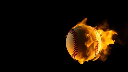 A flaming baseball suspended in darkness, creating a striking visual contrast.