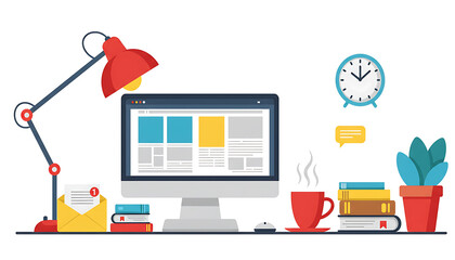 Naklejka premium Modern workspace illustration showcasing a computer, lamp, coffee cup, books, and potted plant promoting a creative environment.