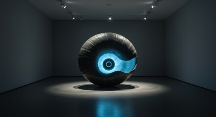 Large dark sculpture with glowing blue spiral core in a minimalist gallery setting with track lighting
