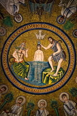 Mosaic under the dome of arian baptistery in Ravenna depicting the Baptism of Jesus by Saint John the Baptist.