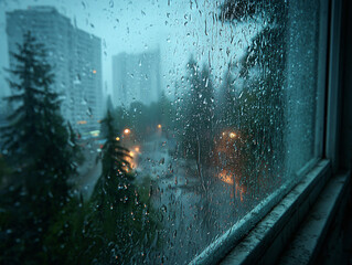 a rainy view from a window, with raindrops on the glass and blurred city lights and trees in the background. The scene appears to be taken during the evening or night.
