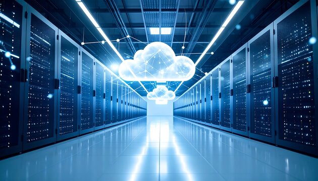Server room with cloud computing graphic
