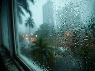 a rainy view from a window, with raindrops on the glass and blurred city lights and trees in the background. The scene appears to be taken during the evening or night.
