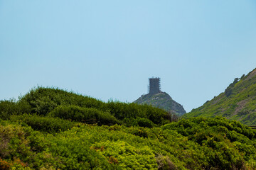 Genoese watchtower Tour de la Parata under restoration France, Corsica, Ajaccio, 13 June 2025