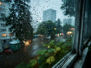 a rainy view from a window, with raindrops on the glass and blurred city lights and trees in the background. The scene appears to be taken during the evening or night.