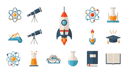 Fun science elements include atom models, telescope, rocket, flasks, graduation cap, book and rover.
