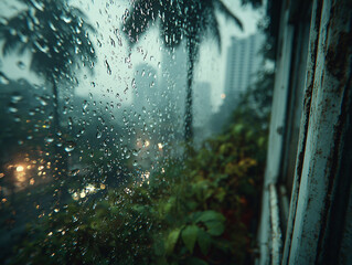 a rainy view from a window, with raindrops on the glass and blurred city lights and trees in the background. The scene appears to be taken during the evening or night.