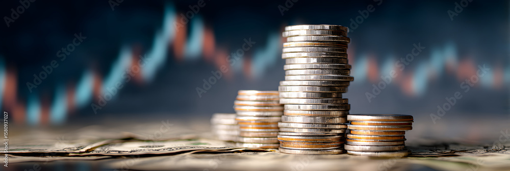 Poster stack of money with chart and rising curve and price charts as a symbol for an investment in the sto