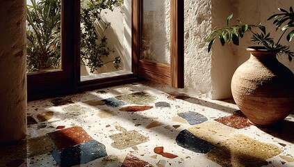 Earthytoned Terrazzo Flooring Closeup Sunlit Interior Room Beige Tan Brown Red Blue Green Stone Tiles Pattern