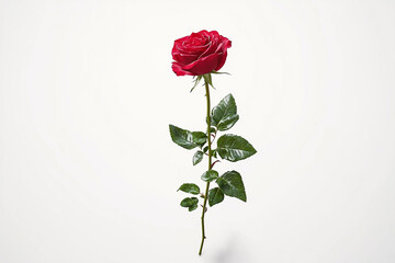 A single red rose with green leaves and stem isolated on a plain white background studio shot