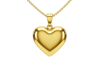 Shiny gold heart pendant on a delicate gold chain isolated on transparent background