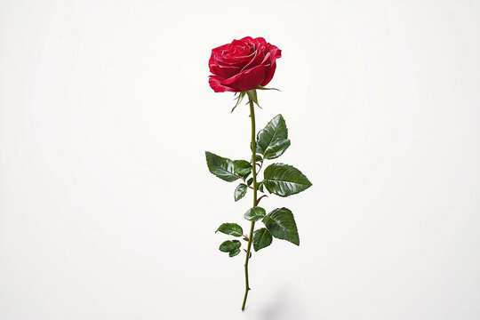 A single red rose with green leaves and stem isolated on a plain white background studio shot - Powered by Adobe