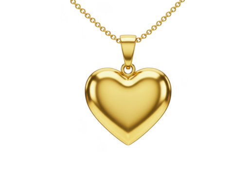 Shiny gold heart pendant on a delicate gold chain isolated on transparent background