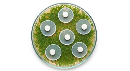 Petri Dish Antibiotic Sensitivity Test - A top-down view of a petri dish showcasing bacterial growth inhibited by antibiotic discs.