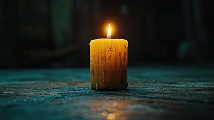 Single candle illuminates a dark surface.