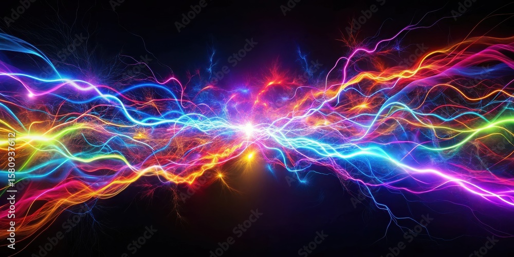Poster abstract colorful energy streams collision, vibrant plasma waves intertwining in a dark background