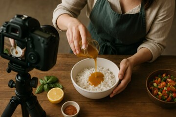 Vlogger pours sauce over rice in a cooking tutorial. Camera setup captures the process, with fresh ingredients and spices on the table