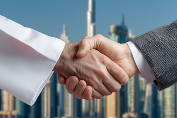 International Business Handshake in Dubai Skyline