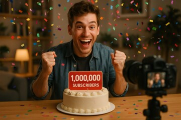 Enthusiastic content creator celebrating reaching one million subscribers with a cake, surrounded by colorful confetti in a lively setting