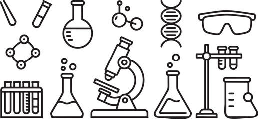 Science Laboratory Equipment and Research Tools, Medical and Biotech Icons